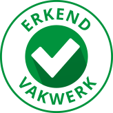 Erkent vakwerk Groen label met een vinkje en de tekst "Erkend Vakwerk" erin.